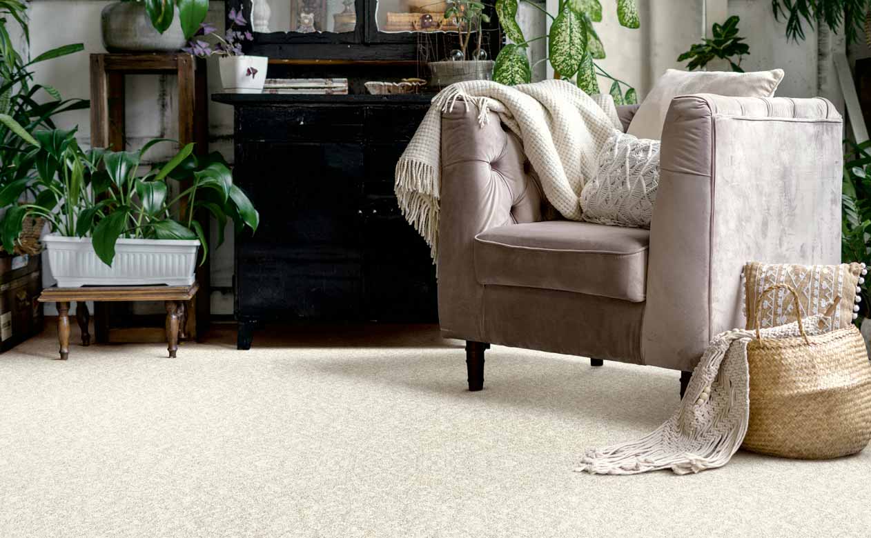 Light tan carpet in living room with velvet accent chair