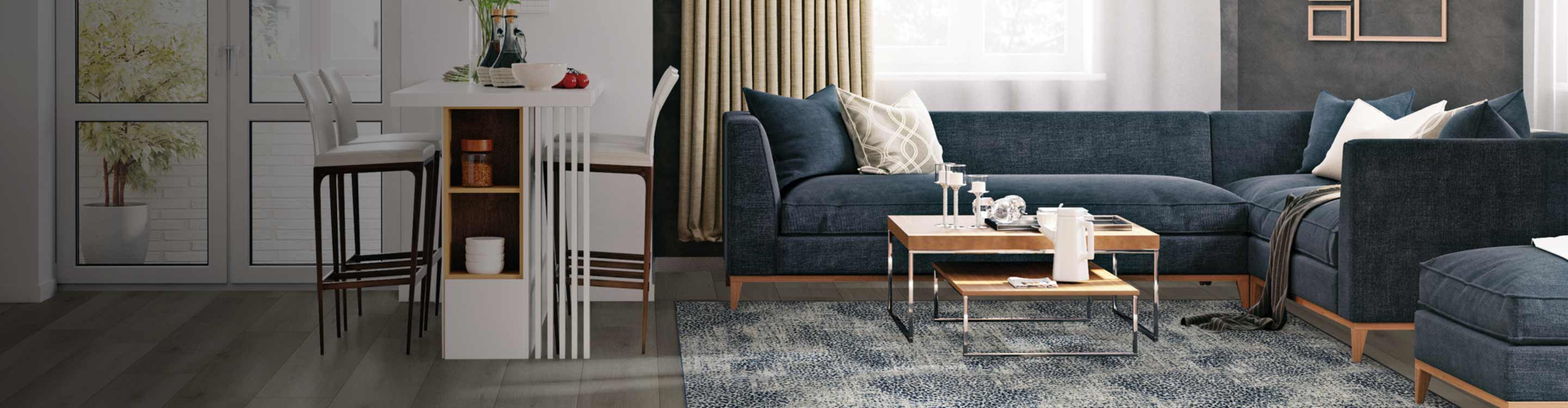 Blue and gray area rug in a living room